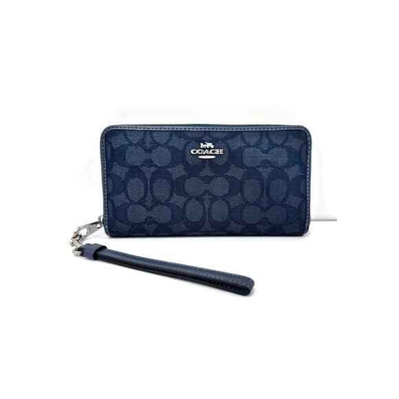 Coach Signature Denim Jacquard Long Zip Around Wallet Wristlet RARE - Picture 1 of 10